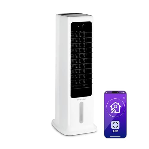 Klarstein Skytower 360° Smart Luftkühler Mit Wasserkühlung – 4-in-1 Air Cooler, Wi-Fi & App-Steuerung, 280 m³/h Luftstrom, 6L Tank, Ionisator, Timer, Oszillation, Ideal Für Sommer & Winter, Weiß