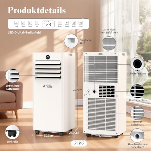 Klimaanlage Mobil 9000 BTU,4-in-1 - LED Display&Fernbedienung,leise mobile klimaanlage mit einem Fenstermontagesatz,klimagerät mit abluftschlauch,Raumgröße bis 88m³(33㎡) Tragbare