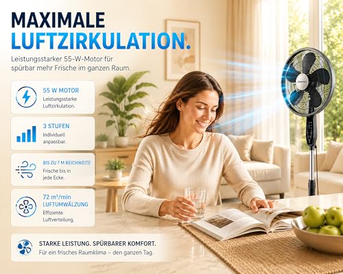 Könighaus 3-in-1 Ventilator – Stand-, Tisch- & Wandmontage | WLAN Smart Home (Alexa, Tuya) | Fernbedienung | Oszillierender Standventilator | Timer | Natürlicher Luftstrom | Starke Kühlung bis 20 m