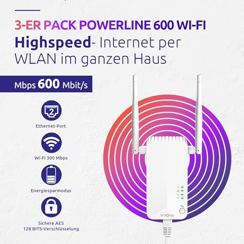 STRONG - Powerline 600 Triple Wi-Fi EU Set - 2 Powerline 600 Mbps + WLAN Adapter 300 Mbps, Fast-Internetzugang - integrierte Steckdose - 300 m Reichweite - Für alle Router - Hotspot + Ethernet - weiß
