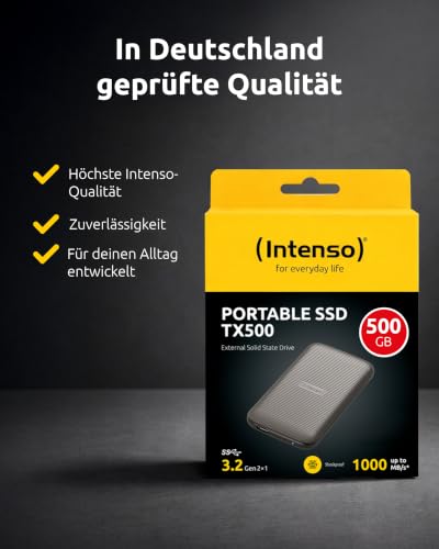 Intenso TX500 Externe SSD 500 GB - USB 3.2 Gen 2x1, bis zu 1000 MB/s, Portable Solid State Drive Festplatte mit USB-C, Kompakter Speicher kompatibel mit Windows, macOS, Android