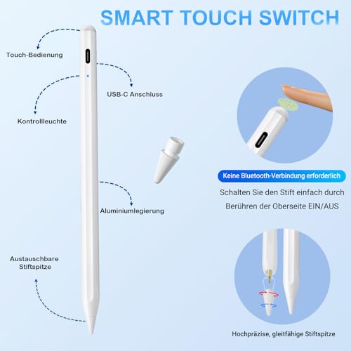 Stift für Apple iPad 2018-2025 mit Schnellladeleistung, Palm Rejection und Neigungssensitivität Pencil für ipad kompatibel mit i Pad 11/10/9/8/7/6, Pro M4/12.9/11/13" Gen, Air 3/4/5/M2/M3, mini 7/6/5