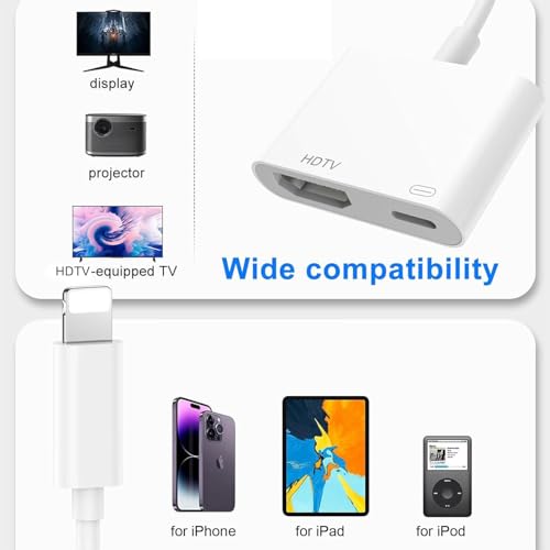 Loydia HDTV Adapter für iPhone, [MFi Zertifizierung] HDTV Digital AV Adapter Lightning 1080P Video Audio Sync Screen Converter mit Lightning Ladeanschluss, Kompatibel mit TV/HDTV/Monitor/Projector