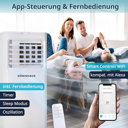 Könighaus Smarte Mobile Klimaanlage 7000 BTU für Räume bis 20m² - 4-in-1