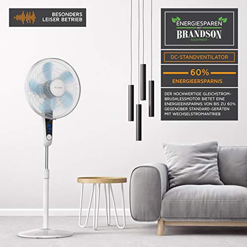 Brandson Standventilator leise, DC-Motor, Fernbedienung, 24 Stufen, Weiß | Ventilator oszillierend 80°, höhenverstellbar, Kopf 35° neigbar, Timer bis 7,5 h, 2934 m³/h, LCD-Display, für Schlafzimmer