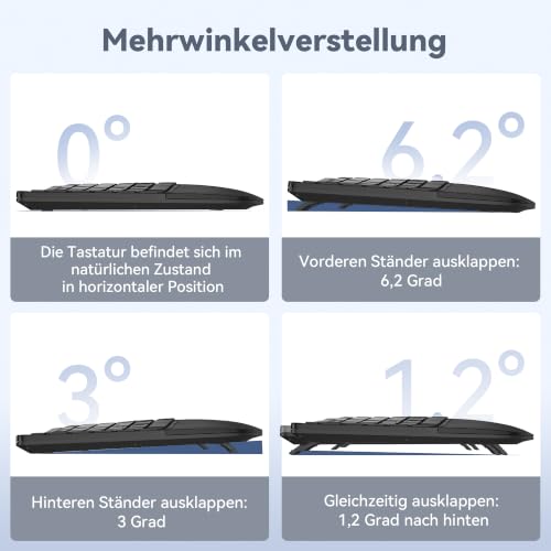 TECKNET Ergonomische Tastatur Kabellos, Deutsches QWERTZ Split Tastatur mit Handballenauflage, Wiederaufladbar Ergo Funktastatur, Bluetooth & USB Natürliches Tippen für Windows/Mac