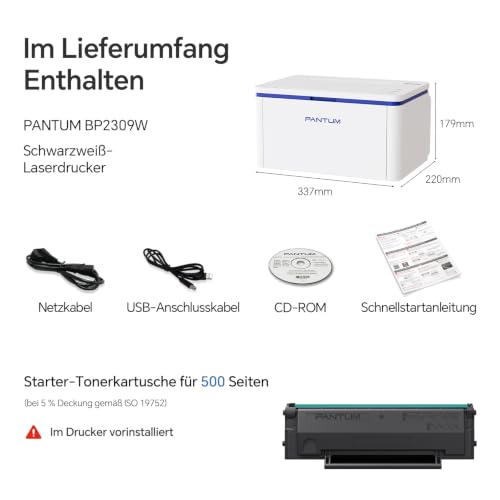 PANTUM BP2309W Laserdrucker Schwarz Weiss, Drucker WLAN, Airprint, Mopria, Klein für Heim & Büro, 20ppm, Inklusive 500-Seiten-Start-Tonerkartusche