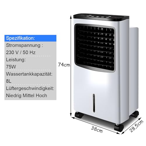 COSTWAY Mobile Klimaanlage ohne Abluftschlauch, 3 in 1 Luftkühler & Luftbefeuchter & Ventilator, 8 L Wassertank, 7,5H Timer, 3 Modi & 3 Geschwindigkeiten, inkl. 2 Kühlakkus & Fernbedienung
