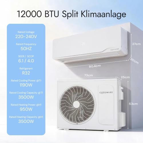 Cozeware Split Klimaanlage, 12000 BTU / 3,500 W | WLAN/APP Funktion Klimagerät, Kühlen A++/Heizen A+, Kältemittel R32, bis 45-60m², sehr leise, Fernbedienung, Montagematerial