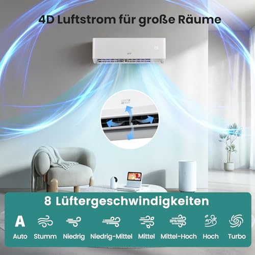 RELAX4LIFE Split Klimaanlage 12000BTU, Klimageräte mit Heizfunktion, Klima Splitgerät Kältemittel R32, Inverter-Technologie, Air Conditioner Inkl. Montagematerial, sehr leise