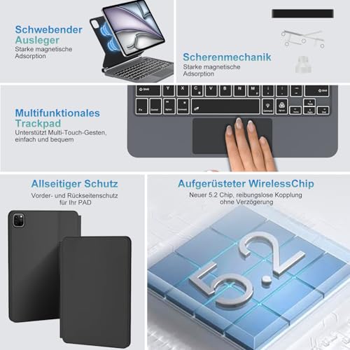 SENGBIRCH Magic Tastatur mit hülle für iPad Air 11" (M4 2026/M3 2025/M2 2024) - Deutsches QWERTZ Layout Hintergrundbeleuchtung Multi-Trackpad Keyboard für iPad Pro 11 Zoll 4./3./2./1, Schwarz