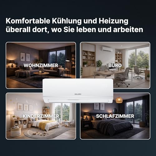 Sollero Split Klimaanlage 12000 BTU 3,5 kW, Selbstreinigung, leise, Smart Home, Klimaanlage zum Heizen und Kühlen, R32 Kältemittel, Timer, bis 59 m²