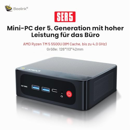 Beelink SER5 Mini PC, AMD Ryzen 5 5500U, 6 Kerne, 12 Threads bis zu 4.0GHz, 16GB DDR4 RAM 480GB NVMe SSD, 4K Triple Display Mini Computer Windows 11 Pro, HDMI/DP/Type-C, BT5.2, WiFi6, 2.5G LAN