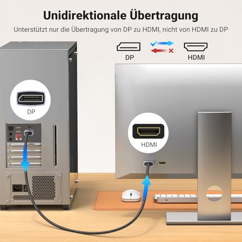 UGREEN 4K@30Hz DP zu HDMI Kabel Aluminium, Uni-Directional Übertragung (2M) | DP-zu-HDMI-Kabel 4K 30Hz 2K 60Hz 1080P 120Hz mit HDR 3D unterstützt auch HDCP und EDID, Anti-Interferenz und Haltbarkeit
