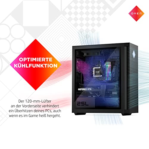HP Omen 25L Gaming Desktop, Intel Core i7-14700F, 16 GB DDR5 RAM, 1 TB SSD, NVIDIA GeForce RTX 4070 (12 GB), Windows 11 Home, Schwarz mit Seitenfenster