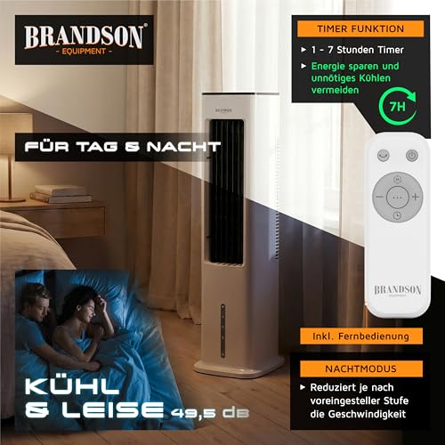 Brandson Luftkühler Wasserkühlung, Turmventilator, Fernbedienung, Weiß | Verdunstungskühler, Standventilator ohne Abluftschlauch, 5 Liter Wassertank, 2 Kühlakkus, 60° Oszillation, 3 Modi, Timer