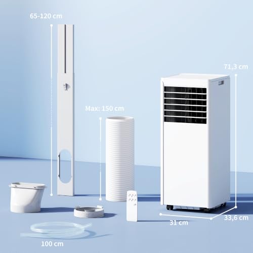 HOMCOM Mobiles Klimagerät mit Abluftschlauch 9000 BTU 1010W, 4-in-1 | Kühlen, Ventilieren, 36L/Tag Entfeuchten, Schlafmodus, 24h-Timer, Fernbedienung, Fensterkit, für Räume bis 30㎡