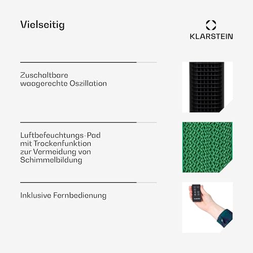 Klarstein Skytower Grand Smart Ventilator Mit Wasserkühlung – 4-in-1 Luftkühler, Luftreiniger & Luftbefeuchter, 460 m³/h, Wi-Fi & App-Steuerung, 8L Tank, Timer, Ionisator, Ideal für Räume, Schwarz