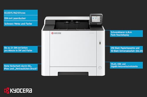 Kyocera Ecosys PA2101cwx Laserdrucker Farbe | Farbdrucker 21 Seiten/Minute, Laserdrucker WLAN, Farblaserdrucker inkl. schwenkbarem Touchpanel & Mobile-Print-Unterstützung