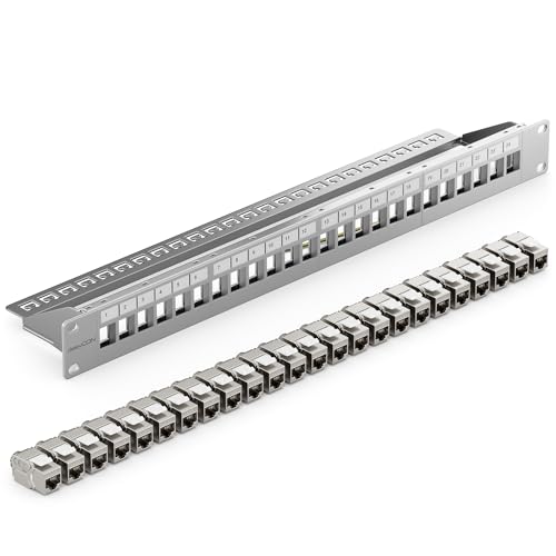 deleyCON 24 Port Patchpanel Set Patchfeld CAT6a 1 HE 19 Zoll - Grau | Modularer Rackeinbau mit 24x RJ45 Keystone Module, kompatibel mit CAT5 CAT6 CAT7 LAN Netzwerkkabel Verlegekabel