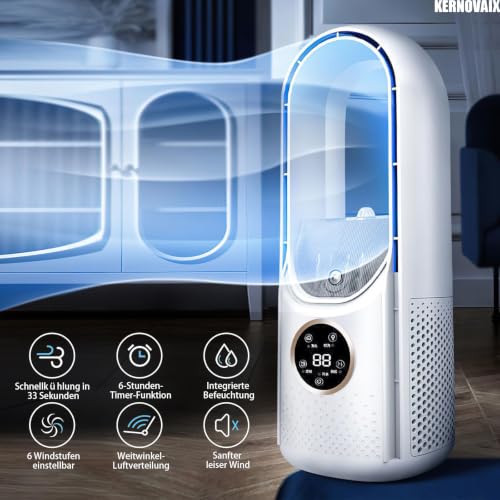 Blattloser Tischventilator, 6 Stufen Windgeschwindigkeit, USB Turmventilator mit Luftbefeuchter Timer LED Licht, Leiser Rotorloser Ventilator Touch Bedienung, für Schlafzimmer Büro Home Office