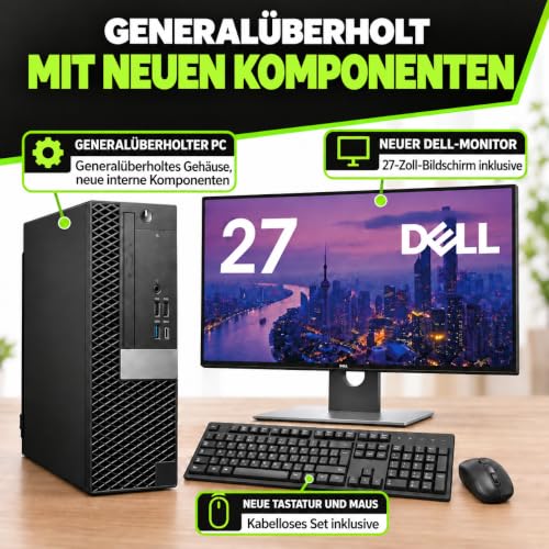 Desktop-PC i7-8700 bis zu 4,6 GHz | 27″ Dell Monitor | 32 GB RAM | DVD-RW | 1 TB SSD NEW | Büro-Desktop-PC | Windows 11 Pro + Office 2021 | Kabellose Maus und Tastatur (Generalüberholter)