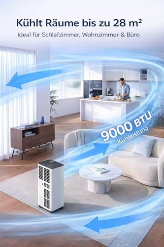 AIRFISH Mobile Klimaanlage 9000 BTU – Leise 4-in-1 Klimaanlage mit LED-Display, Fernbedienung & Rollen | Kühlen, Entfeuchten, Ventilator & Sleep-Modus | Fensterkit inklusive | Für Räume bis 25 m²