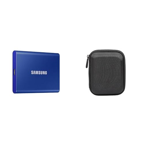 Samsung T7 Portable SSD - 1 TB - USB 3.2 Gen.2 Externe SSD Indigo Blue (MU-PC1T0H/WW) + Amazon Basics Festplattentasche, schwarz