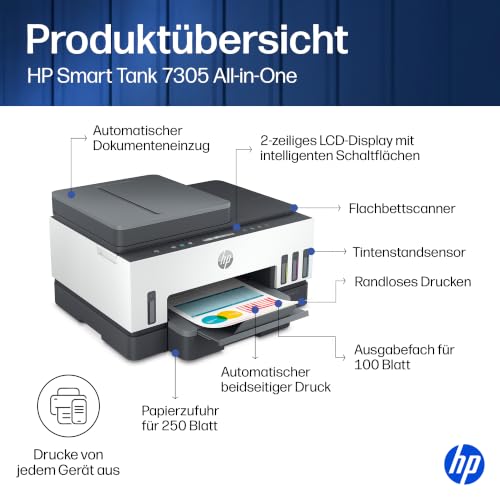 HP Smart Tank 7305 Multifunktionsdrucker (Drucker, Scanner, Kopierer, ADF, WLAN, LAN, AirPrint, Duplex, inklusive Tinte für bis zu 3 Jahre drucken)