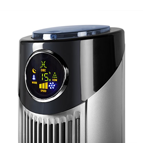 Orbegozo TWM 1015 - Ionischer Turmventilator, Fernbedienung, drei Ventilatormodi, digitales Display, Timer-Funktion, drei Geschwindigkeiten, leise, um 80 Grad drehbar, 45 W, Grau / Schwarz