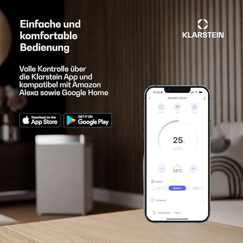 Klarstein Verdunstungskühler, 10L Wassertank, 340 m³/h, App & Fernbedienung, Timer, Nachtmodus, mobiler Luftkühler mit Wasserkühlung für Räume bis 30 m², Weiß