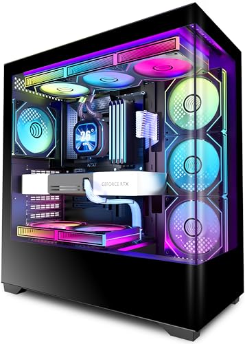 KEDIERS PC Gehäuse Vorinstallierter 7 × 120MM PWM ARGB Lüfter, ATX Mid Tower PC Gehäuse, Computergehäuse mit Panoramaaussicht Gehärtetes Glas Front Panel,Schwarz，P4 ARGB