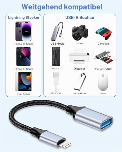 Lightning auf USB Adapter 2Stück, Lightning USB Adapter Handy iPhone auf USB Stick Adapter Kabel usb 3.0 OTG Adapter für iPhone 14 13 12 11 Pro Max/iPad, Unterstützt USB Sticks, Keyboards, Kartenleser