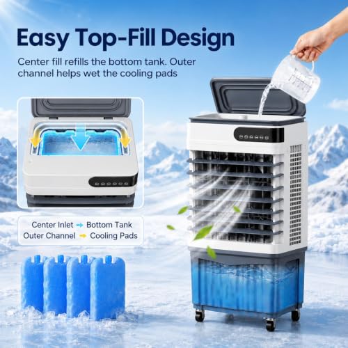 MIAOXIAOLONG 3531-70588 CFM Swamp Cooler, Tragbarer Verdunstungsluftkühler Mit 30L-60L Wassertank, 120° Oszillation, 3 Stufen, 12H Timer, Fernbedienung Für Garage, Terrasse, Große Räume 45L(40-50㎡)