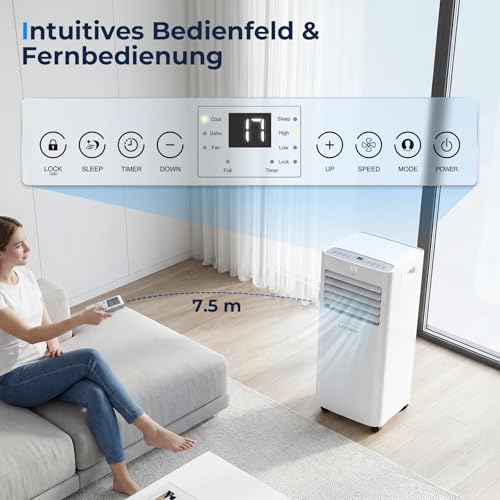 Klimaanlage Mobil 9000 BTU, LEENON 4 in 1 Klimagerät Entfeuchten Ventilato & Schlafmodus, Mobile Klimaanlage mit Abluftschlauch, Fernbedienung/24h Timer, Tragbare Klimagerät Für Räume bis 30 m ²
