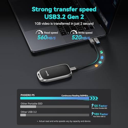 PHIXERO P5 Portable SSD 2TB Up to 560MB/s, USB 3.2 Gen 2 External Solid State Drive，USB C to C&A for Smartphone，Tablet，PC，Labtop(Black)