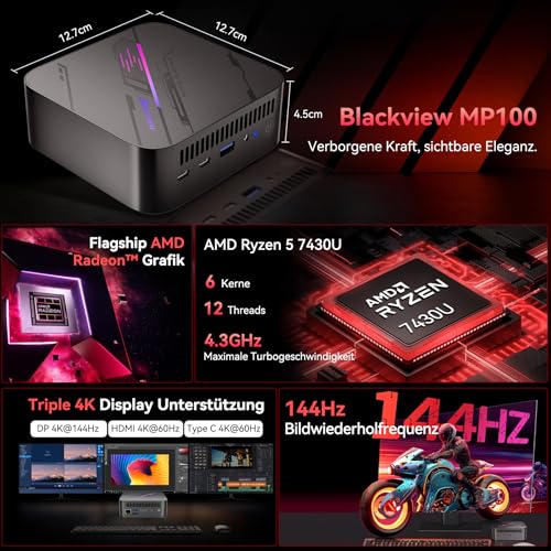 Blackview MP100 Mini PC Win 11 Pro, 32GB DDR4 1TB SSD Desktop PC, AMD Ryzen 5 7430U Computer, 4K 144Hz Triple Display, Office PC Rechner für Home Office & Business, Wi-Fi 6 & BT5.2, 3 Jahre Garantie