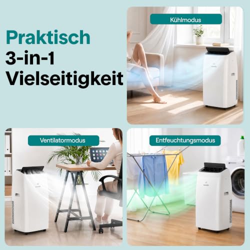 SereneLife Mobile Klimaanlage mit WLAN 16000 BTU 4,69kW- Klimagerät mit Abluftschlauch und Fensterkit, 4-in-1: Kühlen Heizen Entfeuchten Ventilieren, Fernbedienung, Timer, Sleep Mode, bis 50m²