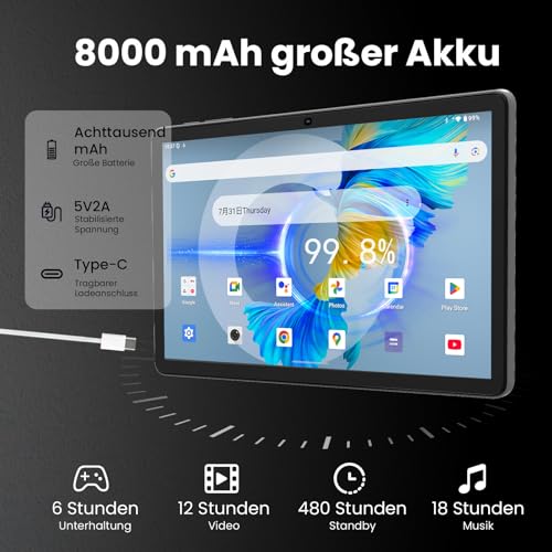 TUOHAITIME Android 16 Tablet, 11Zoll Tablet, 32GB+128GB 1 TB erweiterbar, Produktivitäts-Bundle mit Tastaturhülle, Eingabestift, Octa-Core Prozessor, Dual-Kamera, WiFi, 8000-mAh-Akku (Schwarz)