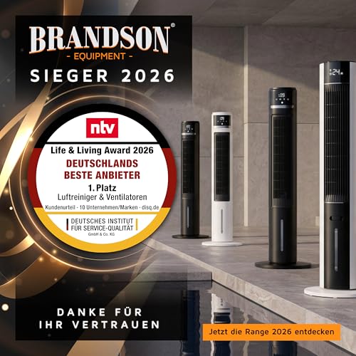 Brandson Luftkühler Wasserkühlung, Turmventilator, Fernbedienung, Weiß | Verdunstungskühler, Standventilator ohne Abluftschlauch, 5 Liter Wassertank, 2 Kühlakkus, 60° Oszillation, 3 Modi, Timer