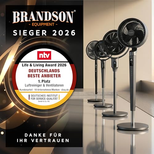 Brandson - 3D Standventilator mit DC Motor – ECO Design sehr leise – Sieger Ventilatoren und Luftkühler 2026-60% Energieeinsparung – 24 Geschwindigkeiten – horizontale und vertikale Oszillation