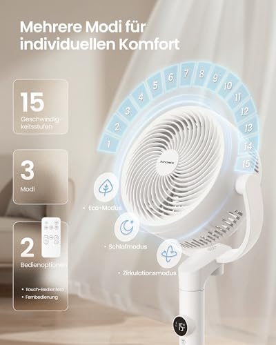 SONGMICS Standventilator, leise 20 dB, mit Fernbedienung, höhenverstellbar | Luftzirkulator, 120° und 135° Oszillation, 15 Geschwindigkeiten, 15 Std. Timer, wolkenweiß, ISLAND Kollektion XFC002W1EU