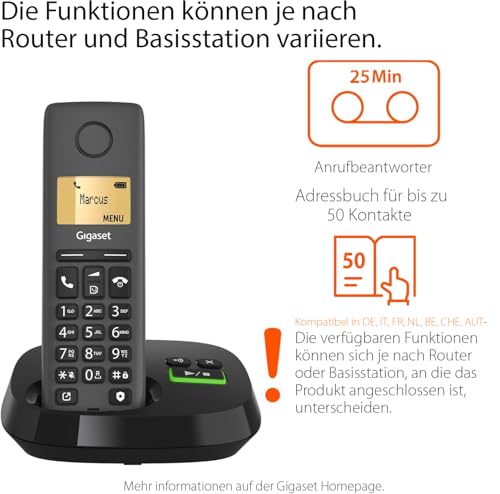 Gigaset Pure 120A - Schnurloses DECT-Telefon mit Anrufbeantworter - ECO DECT - Anrufschutz - beleuchtetes Display - hörgerätekompatibel, anthrazit schwarz [Kompatibel in DE, IT, FR, NL, BE, Che, AUT]