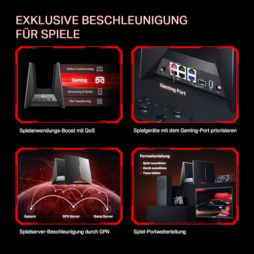 TP-Link Archer GE800 Gaming Router Tri-Band Wi-Fi 7, 2× 10 Gbps Anschlüsse, Dedizierter Gaming-Anschluss, Dediziertes Spiele-Panel, Exklusive Beschleunigung für Spiele, Spielorientiertes Design