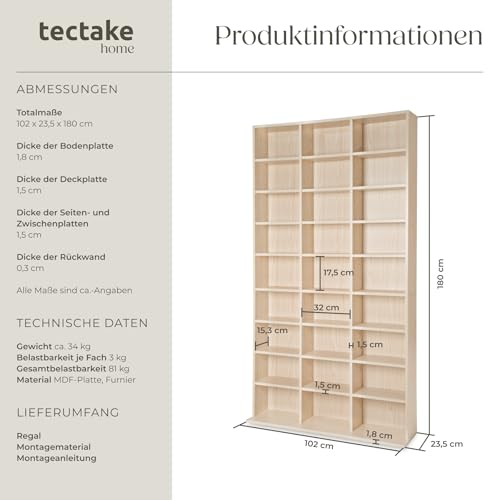 tectake Regal Aufbewahrung, offene Schrank Wand stehend für CDs, DVDs, als Bücherregal, Raumtrenner, Ständer oder Vitrine für Sammlungen und Hobby - buche
