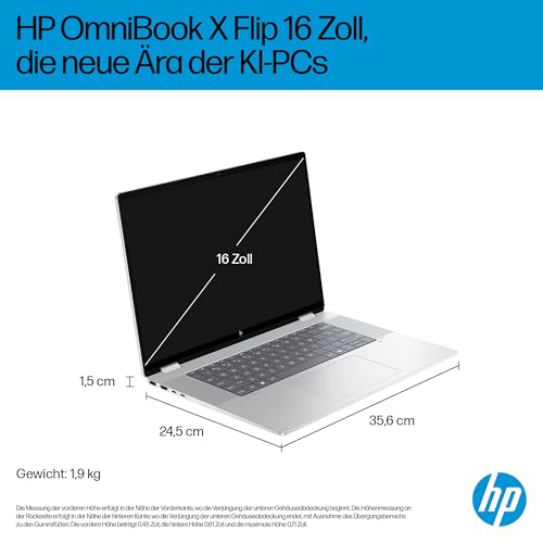 HP OmniBook X Flip, 16" 3K, Intel Core Ultra 7, 32GB RAM, 1TB SSD | Copilot+ Premium 2-in-1 Laptop mit großem 3K-Touchdisplay für Kreativarbeit, Business und Multitasking, QWERTZ, Silber