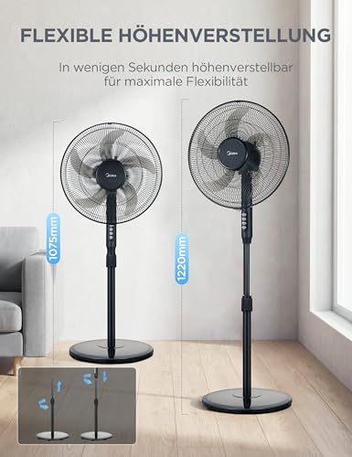 Midea FS40-25JA Standventilator, 5-Fluegel, 40W, Hoeheverstellbar | 108-122cm, Tastensteuerung, Leiser Betrieb, Energiesparend, Schwarz