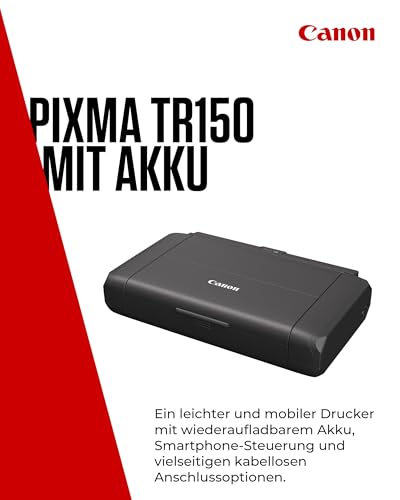 Canon PIXMA TR150 mobiler Drucker (WLAN, Cloud, AirPrint, 4.800 DPI x 1.200 DPI, Highspeed USB Typ C, OLED-Display, Tintenstrahldrucker), schwarz, 322 x 185 x 66 mm