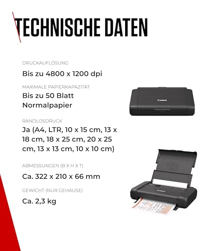 Canon PIXMA TR150 mobiler Drucker (WLAN, Cloud, AirPrint, 4.800 DPI x 1.200 DPI, Highspeed USB Typ C, OLED-Display, Tintenstrahldrucker), schwarz, 322 x 185 x 66 mm