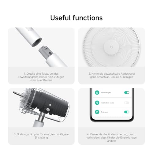 Xiaomi Mi Smart Standing Fan 2 Tisch- Standventilator mit optionaler iOS/Android Mi Home Appanbindung (15 W sparsamer BLDC Motor, 58 dB, 4 Geschwindigkeitsstufen, Google Assistant kompatibel) Weiß